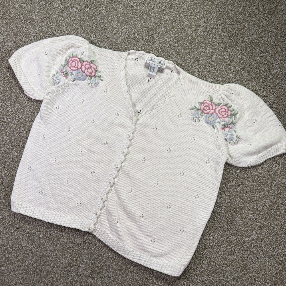 Vintage Floral Knit Cardigan Sweater Large Private Party CottageCore Puff Sleeve